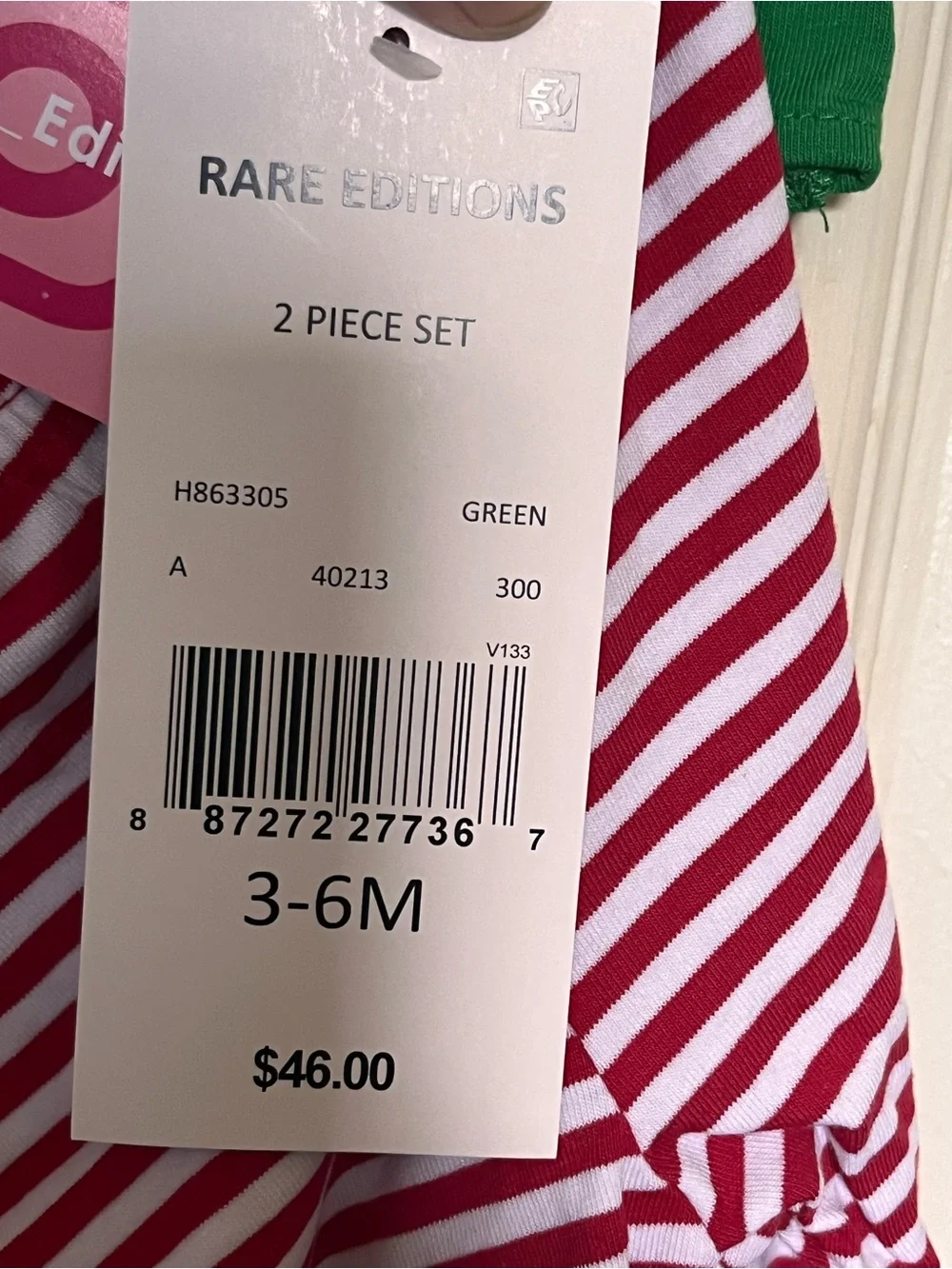 NWT Rare Editions 3-6 M Green Santa Peplum Top with Red Striped Flare Pants